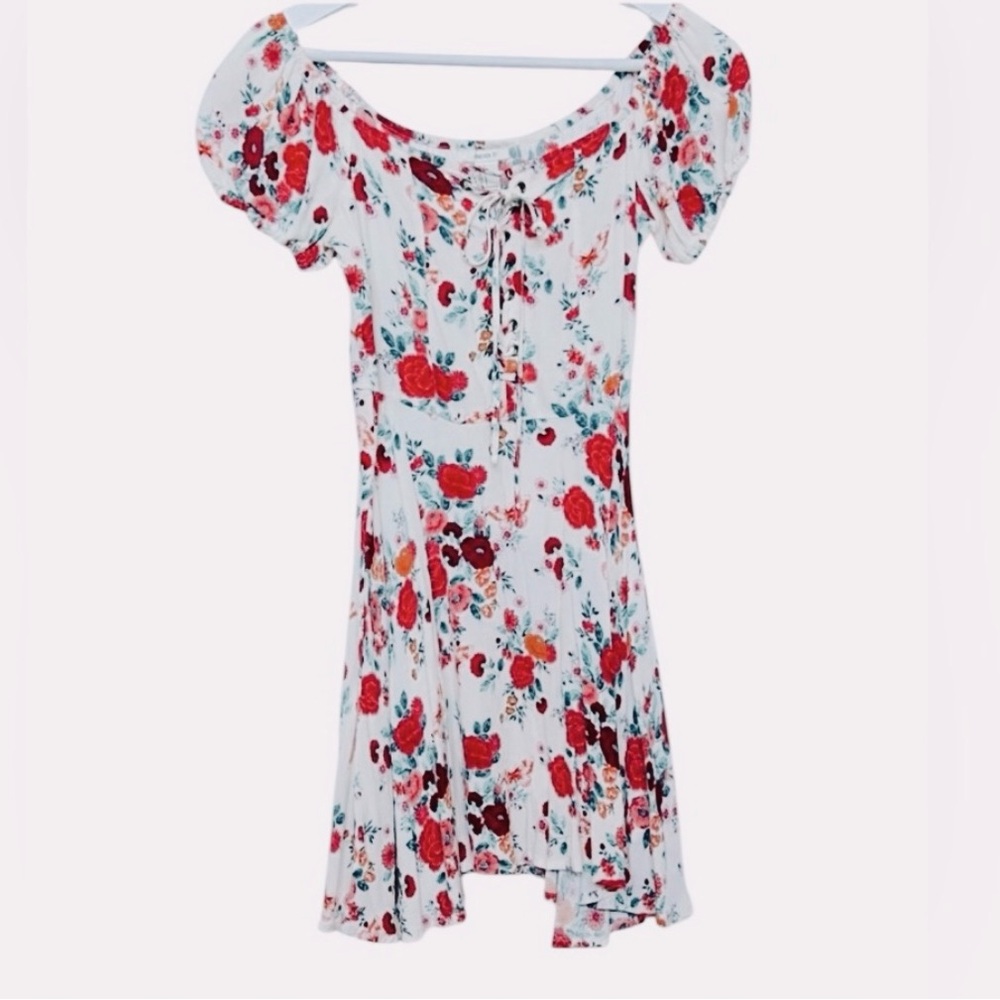 Forever 21 Floral Lace-Up Mini Dress Coquette Cream Red Green Sz S